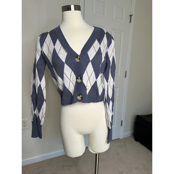 blue/brown argyle cropped button down sweater top, size small - Picture 1 of 6